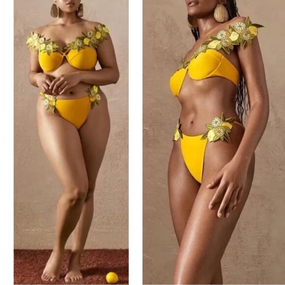 Andrea lyamah Mona Lemon Floral Embroidered Yellow Bikini Swim Set Size XL - Picture 3 of 13